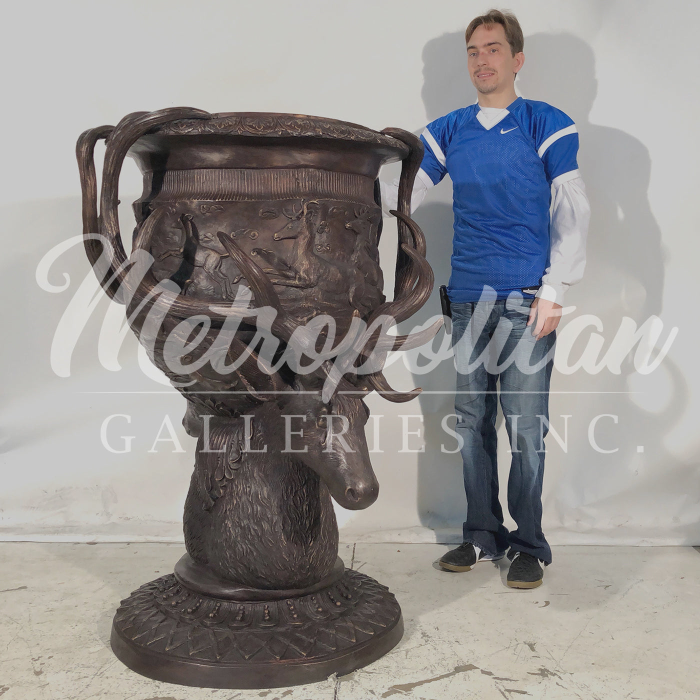 Large Deer Head Bronze Planter Urn Pair