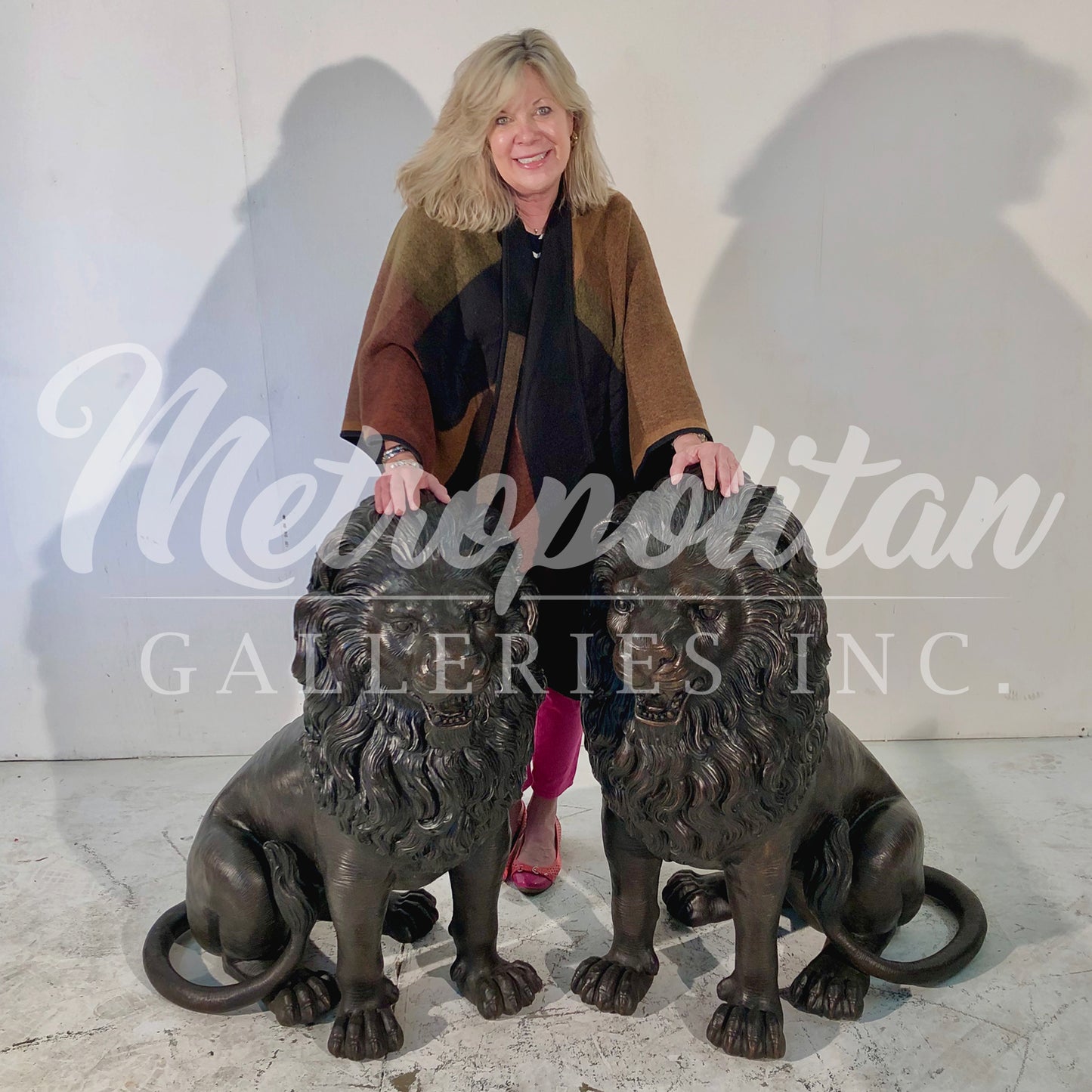 Sitting Snarling Lions Bronze Statue Pair