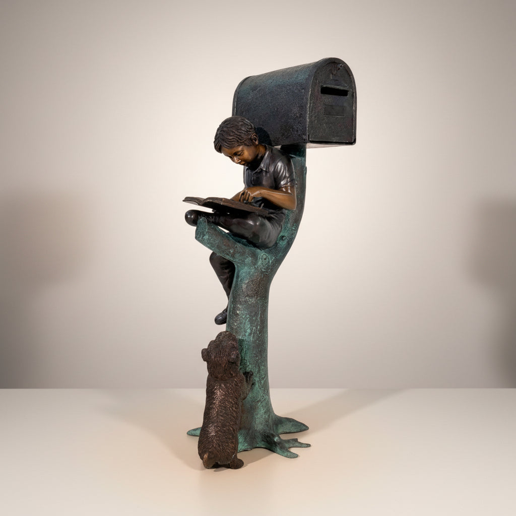 Boy Reading with Dog Bronze Statue Mailbox