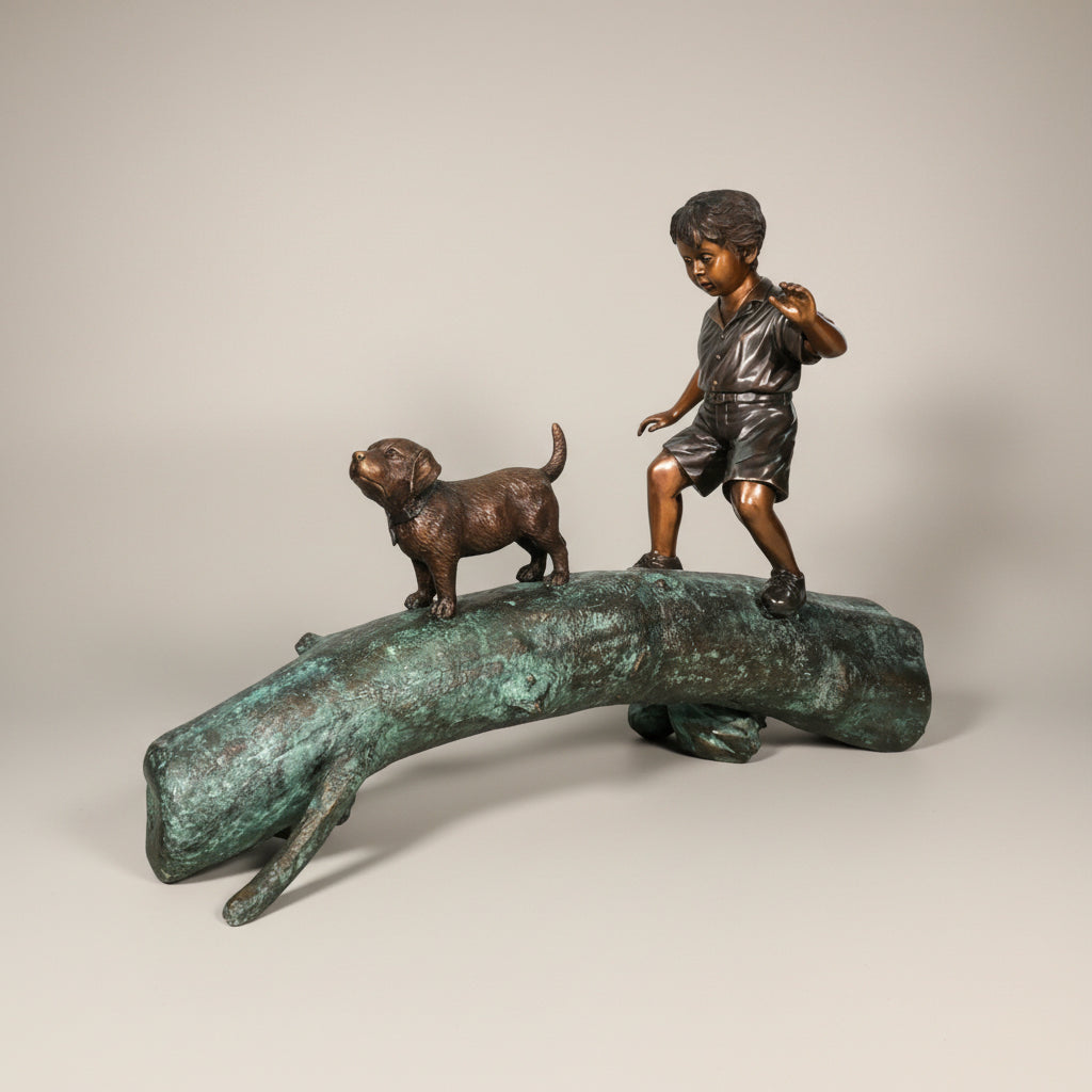 Walking Boy & Dog across Log Bronze Statue