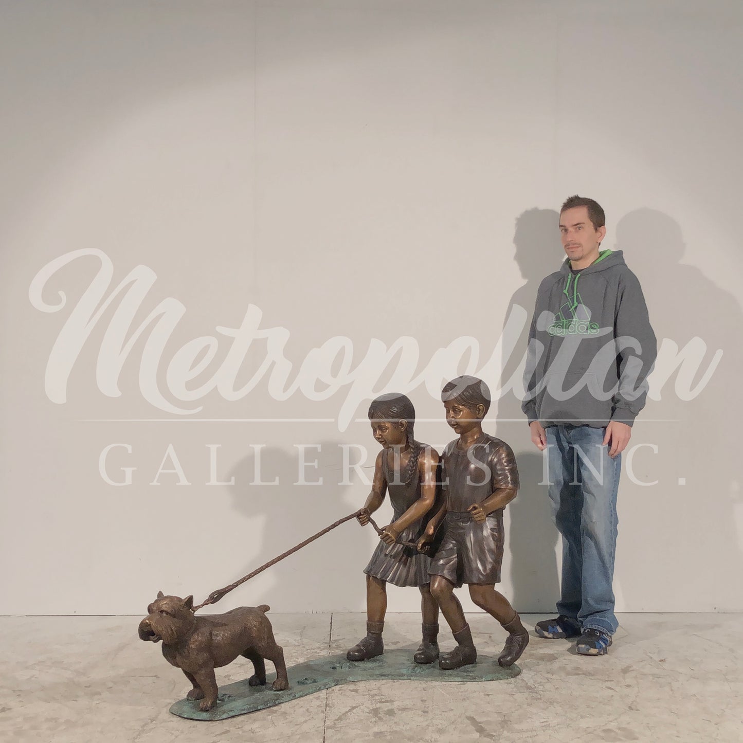 Girl & Boy Walking Dog Bronze Statue