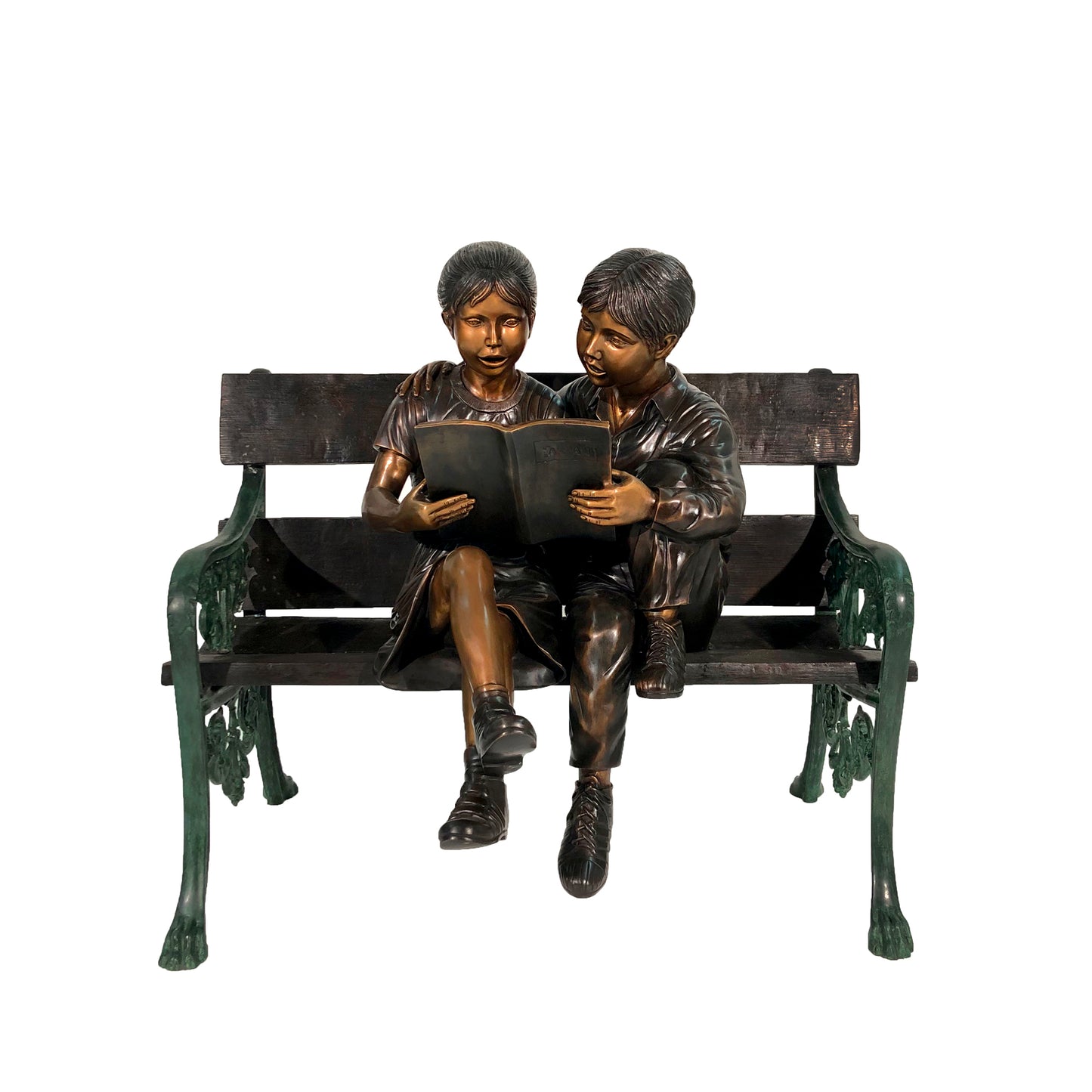 Boy & Girl Reading on Bench Bronze Statue