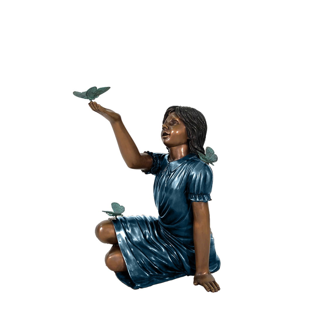 Sitting Girl with Butterflies Bronze Statue