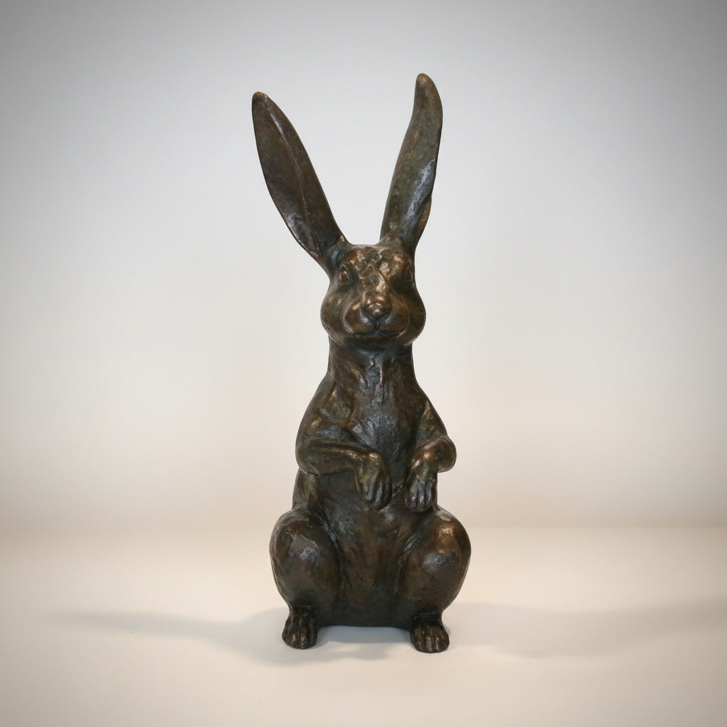 Sitting Rabbit Ears Up Bronze Table-top Statue