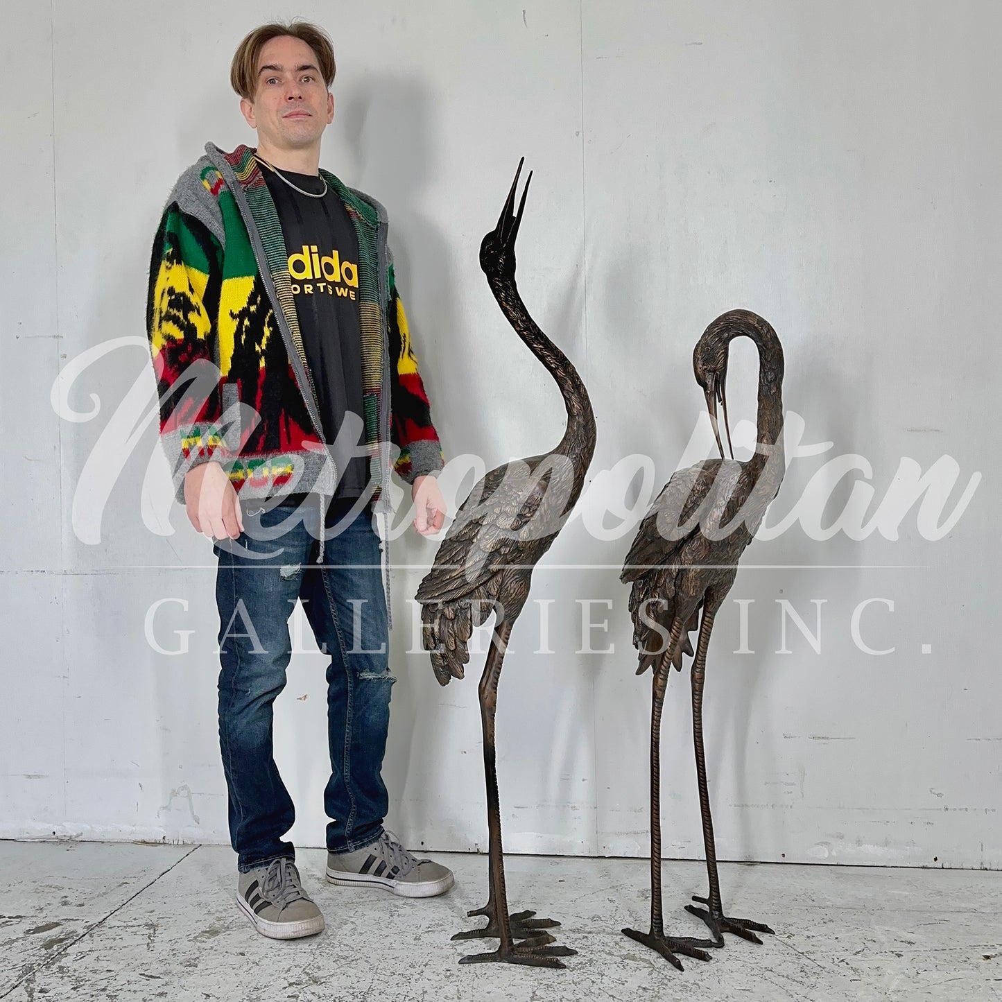 Small Standing Crane Bird Bronze Statue Set