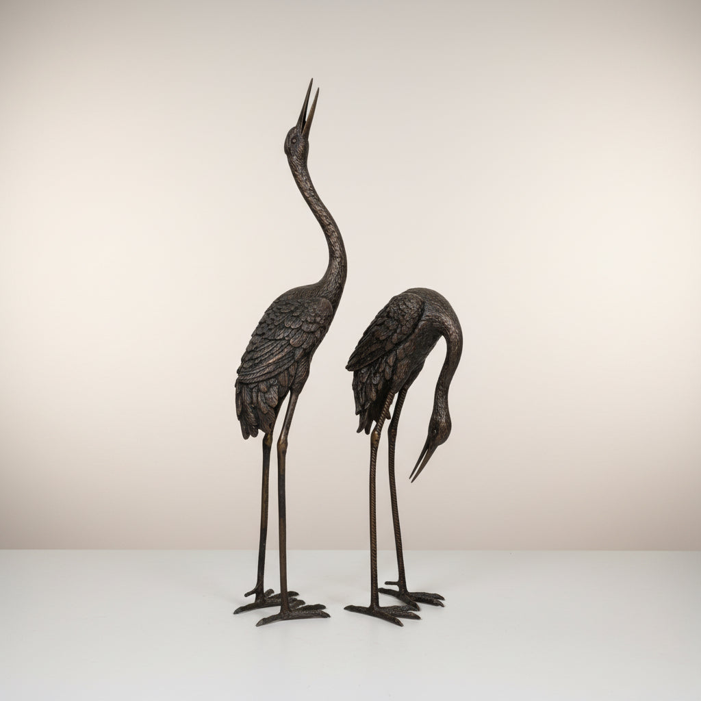 Small Standing Crane Bird Bronze Statue Set