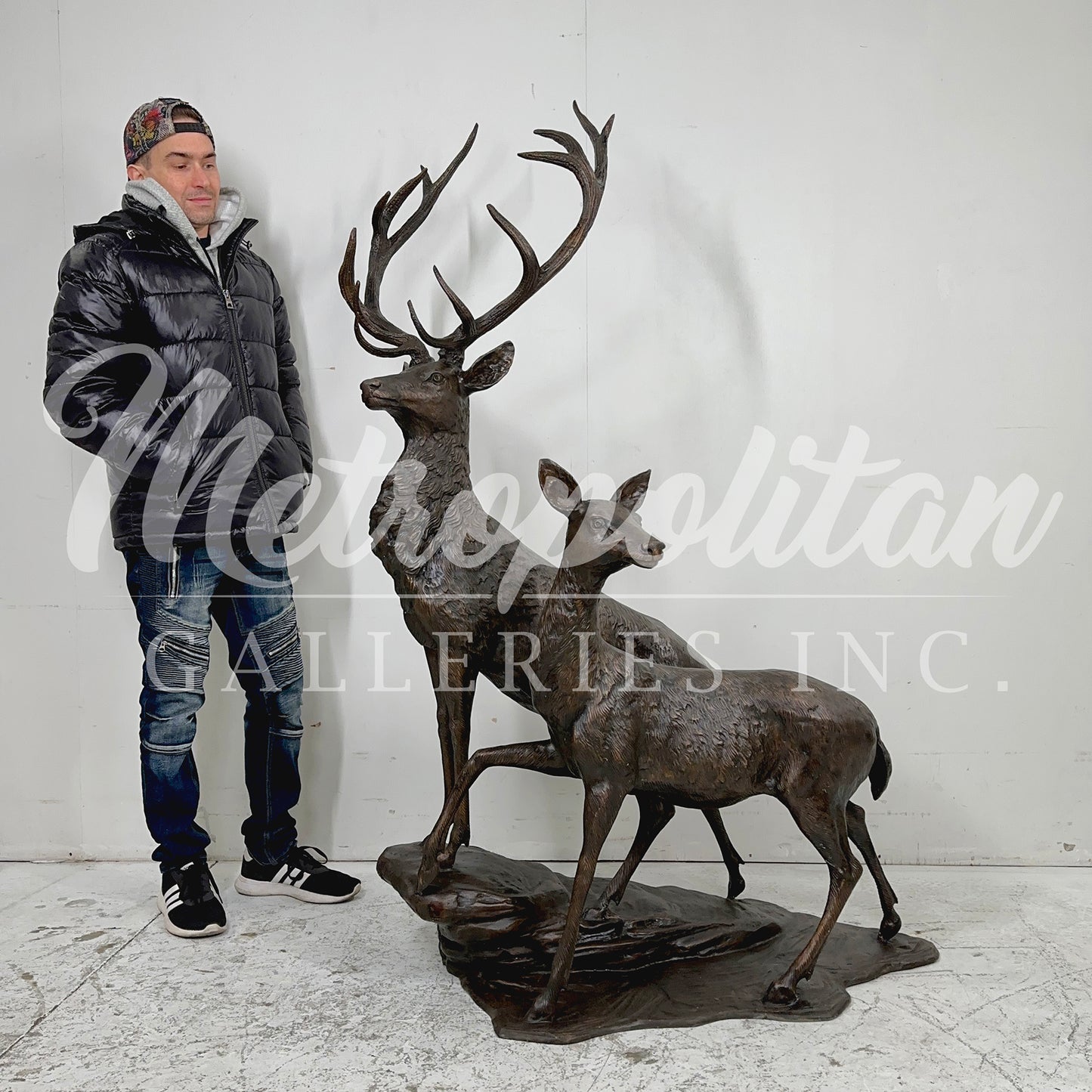 Buck & Doe on Rock Bronze Sculpture