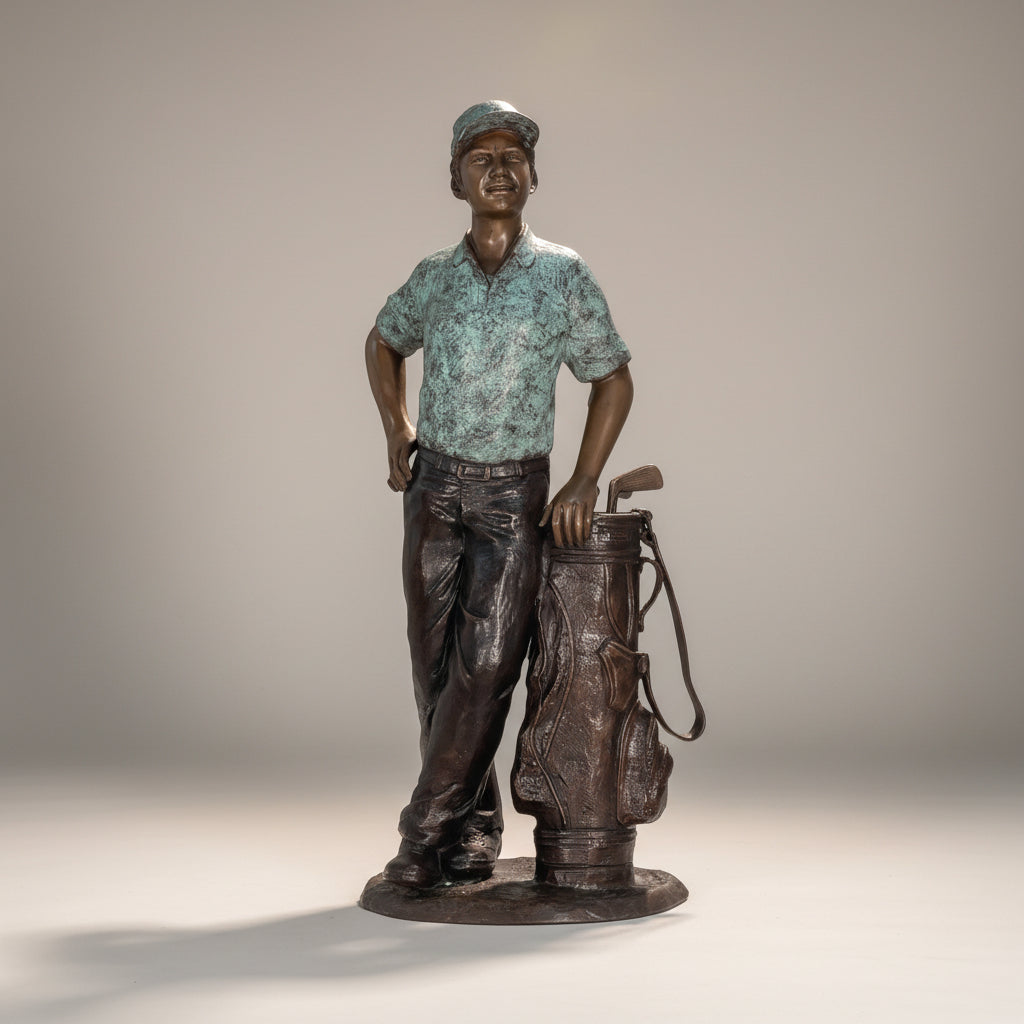 Male Golfer leaning on Clubs Bronze Statue