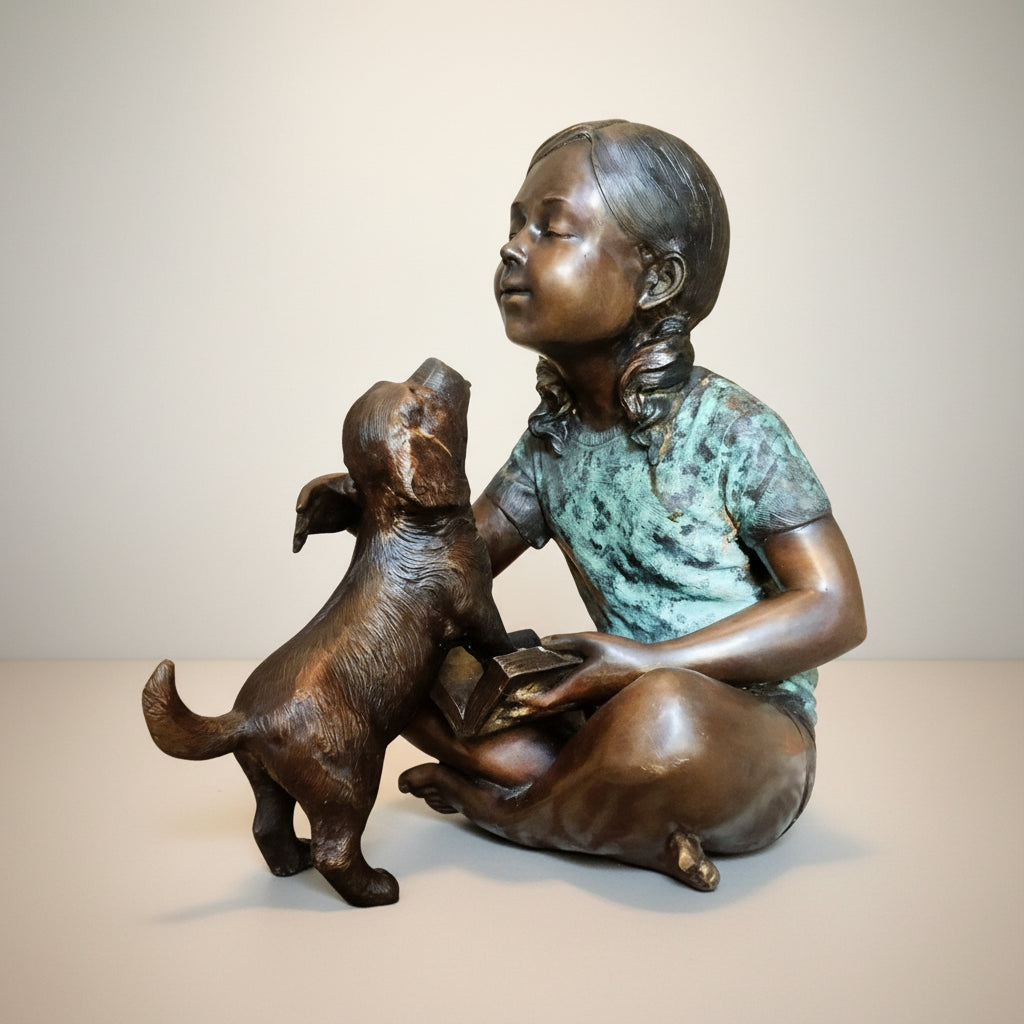 Sitting Girl Playing with Puppy Bronze Statue