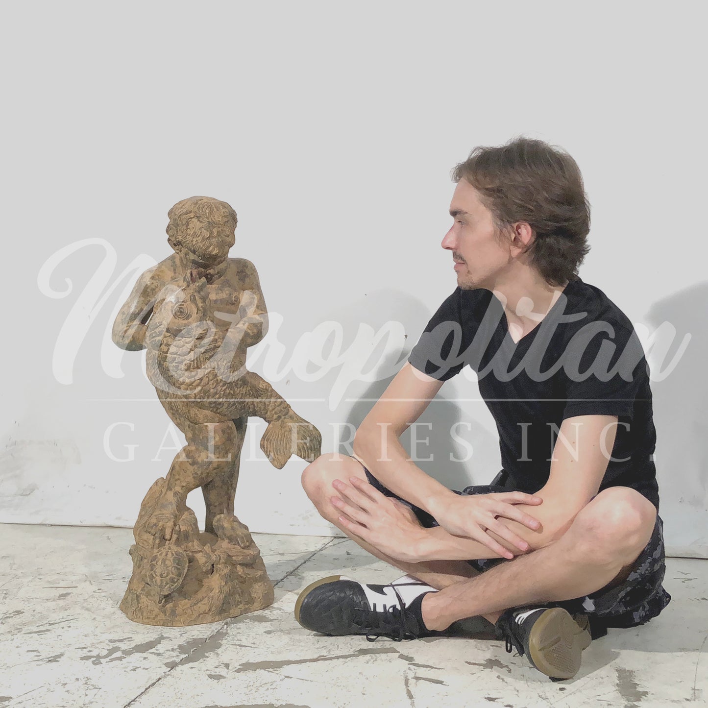 Putto holding Fish Bronze Fountain Statue