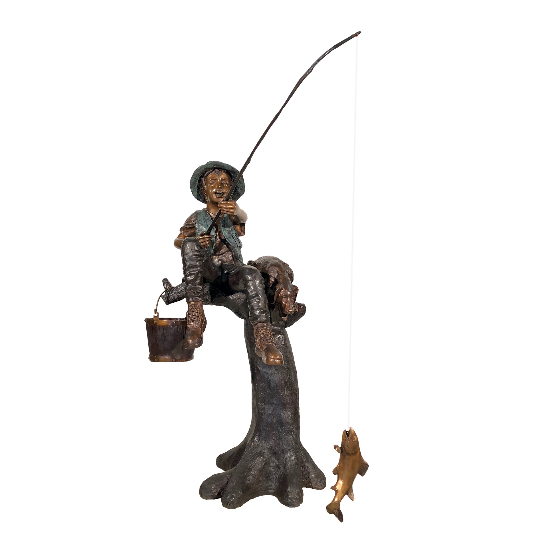 bronze boy with fishing pole Boy Fishing on Stump Bronze Statue