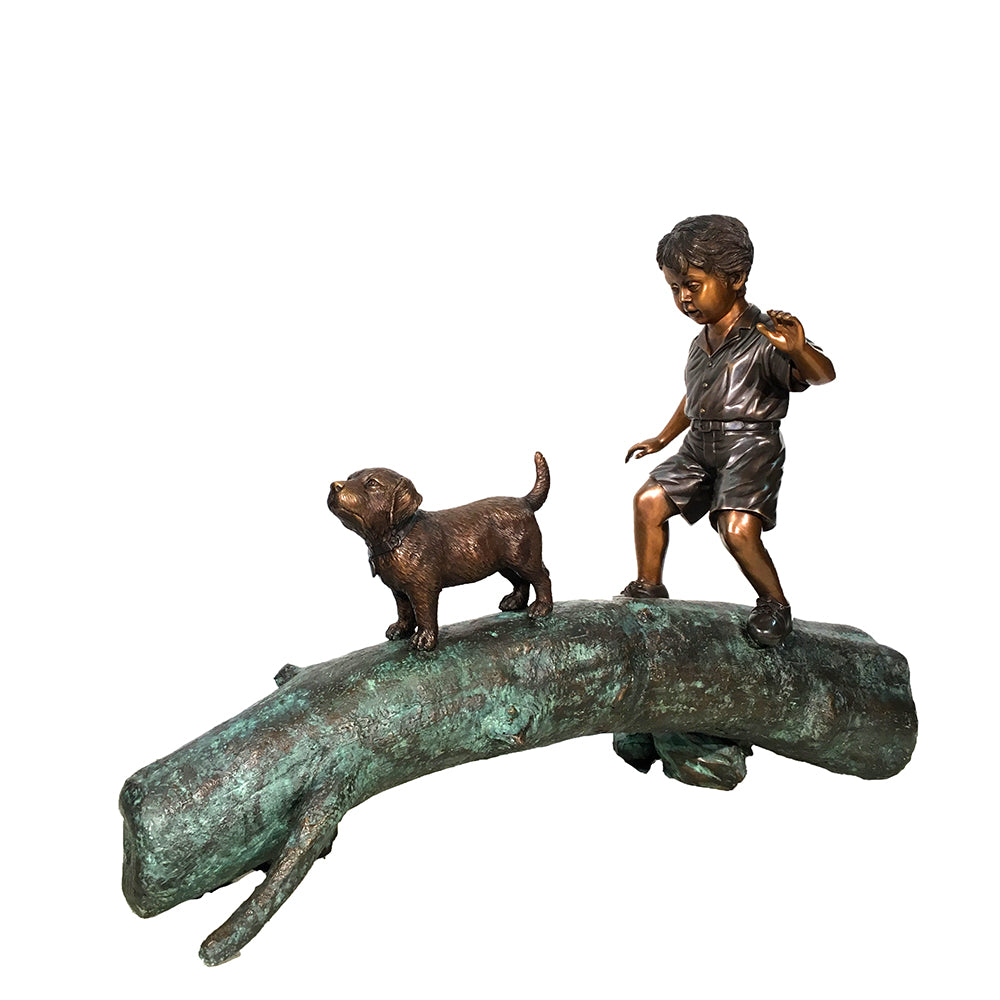Walking Boy & Dog across Log Bronze Statue