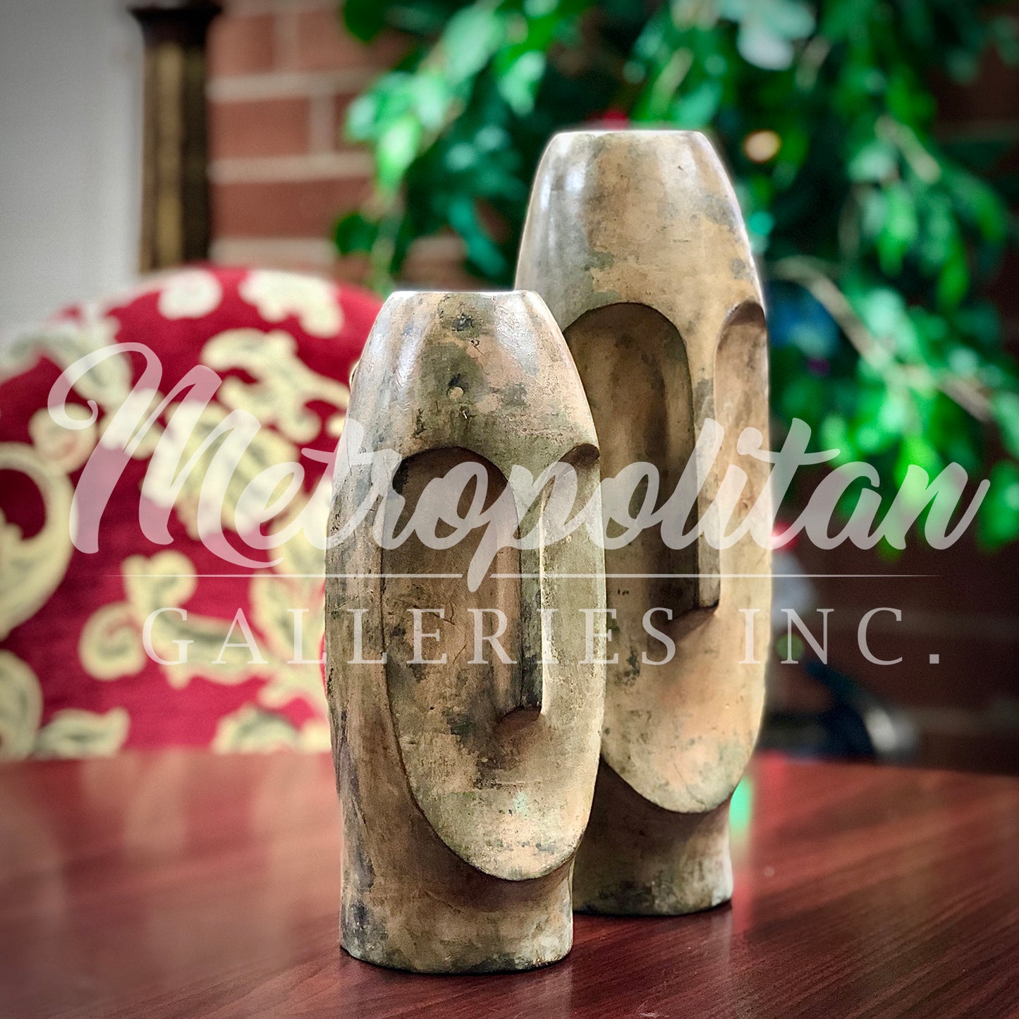 Contemporary Face Vase Table-top Bronze Statue Set