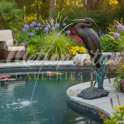 Heron Bird in Grass Fountain Bronze Statue