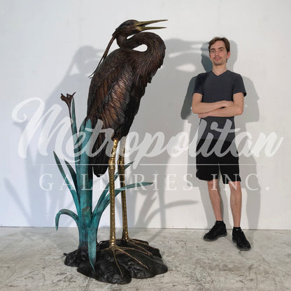 Heron Bird in Grass Fountain Bronze Statue