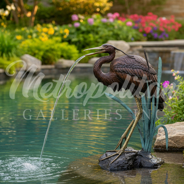 Heron Bird in Grass Fountain Bronze Statue