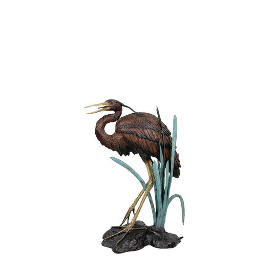 Heron Bird in Grass Fountain Bronze Statue