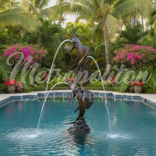 Swimming Sailfish Trio Fountain Bronze Statue
