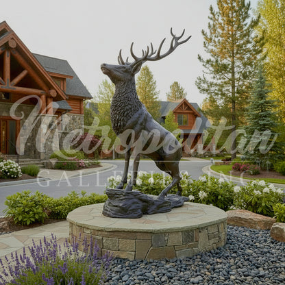 Large Elk on Rock Bronze Statue