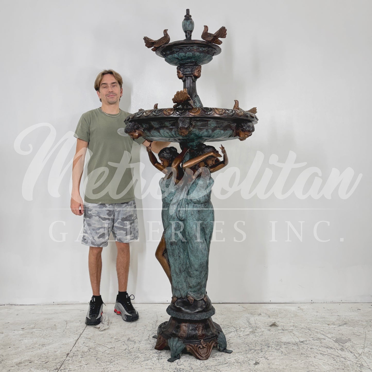 Three Grecian Ladies with Doves Bronze Tier Fountain
