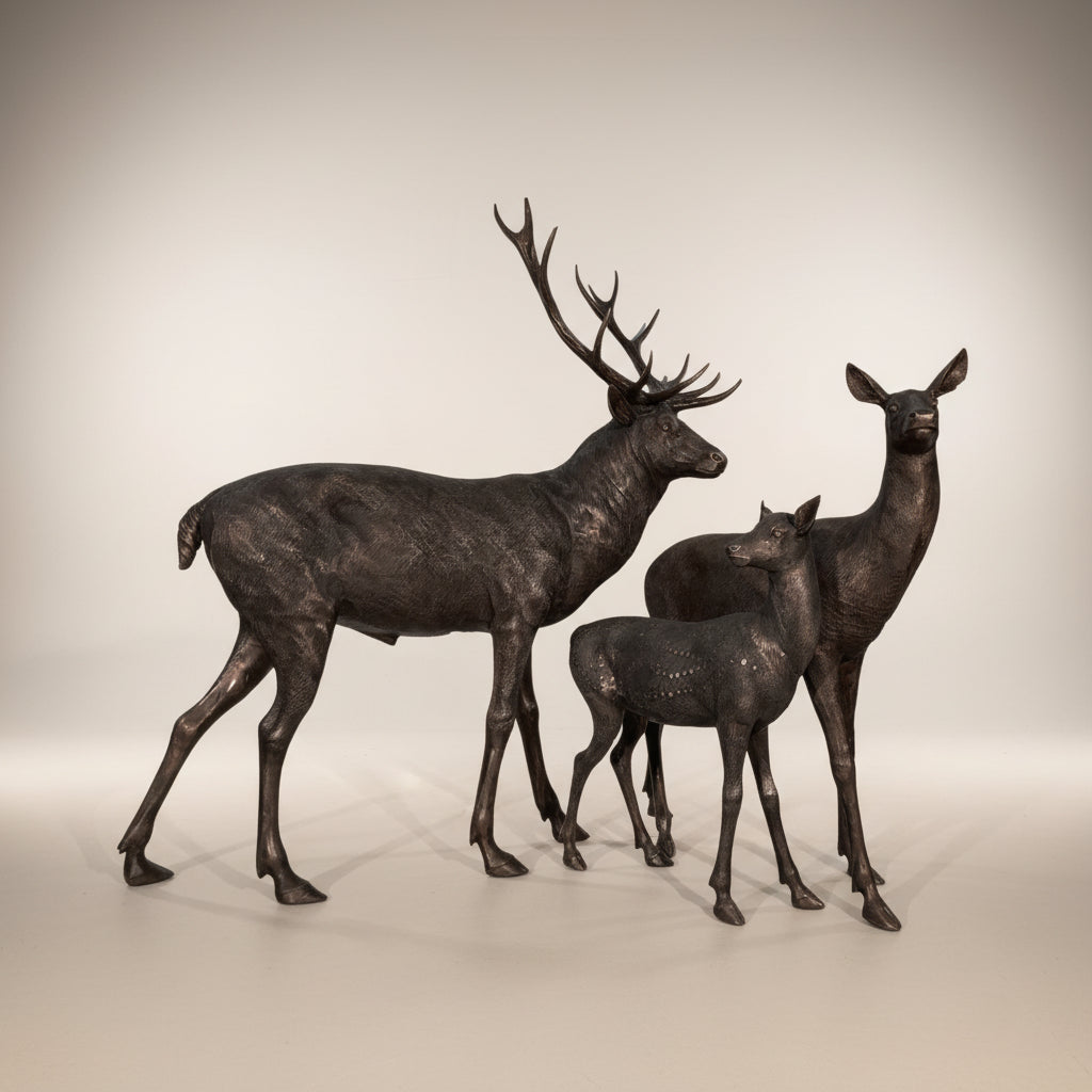 Deer Family of Three Bronze Sculpture Set