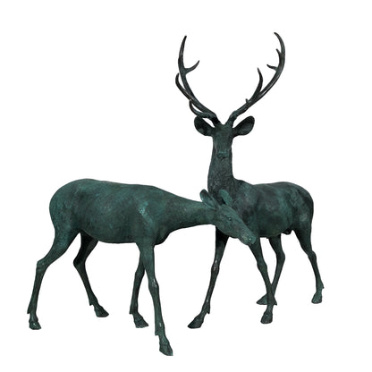 Standing Buck & Doe Bronze Statue Set