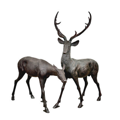 Standing Buck & Doe Bronze Statue Set