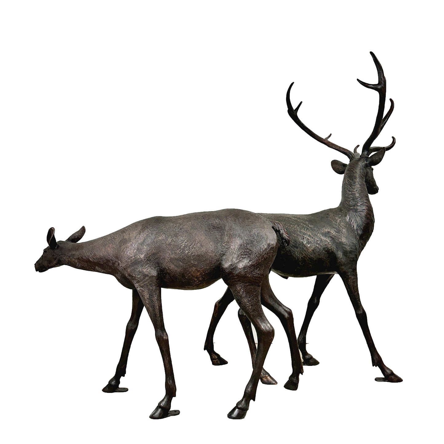 Standing Buck & Doe Bronze Statue Set