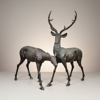 Standing Buck & Doe Bronze Statue Set
