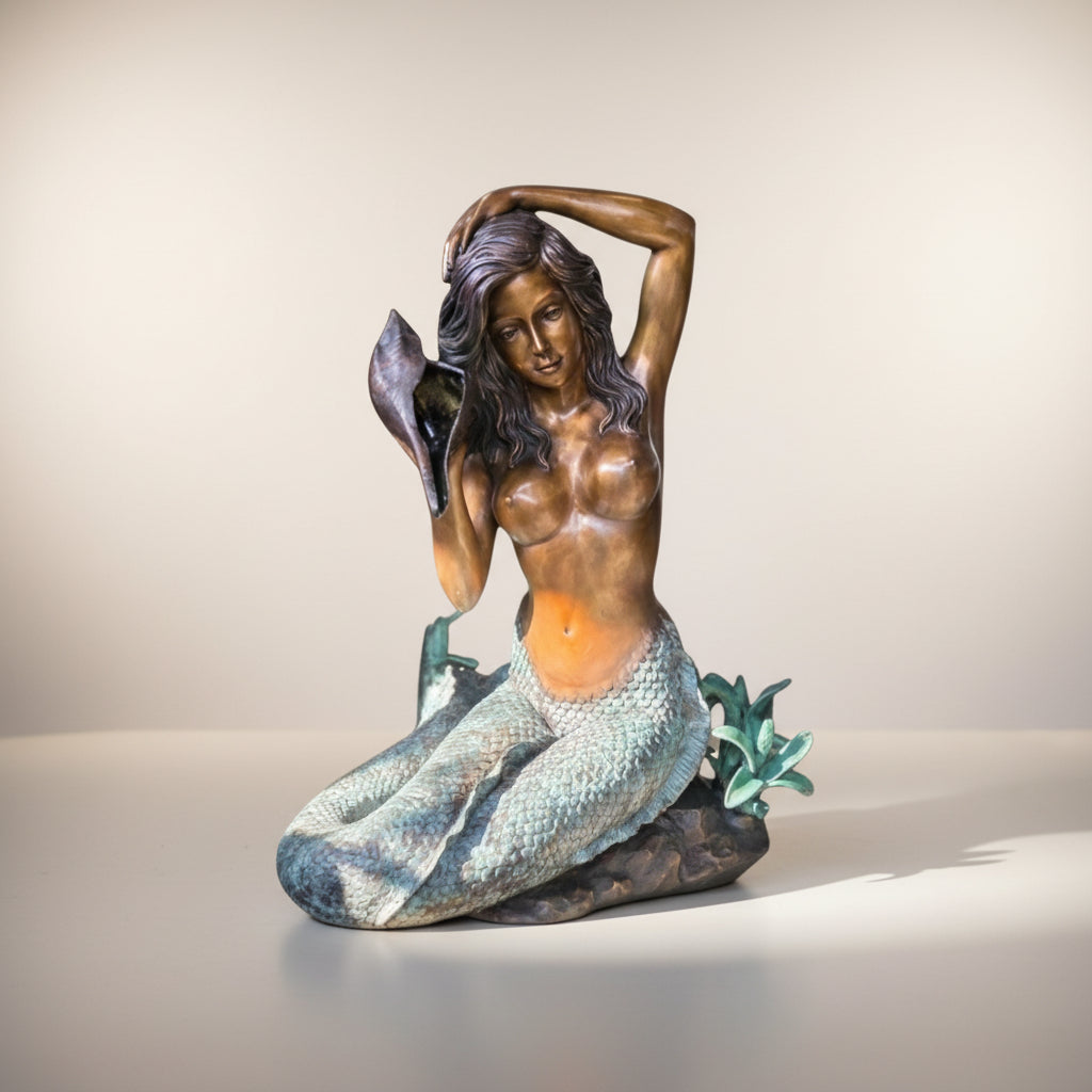 Sitting Mermaid holding Shell Fountain Bronze Statue