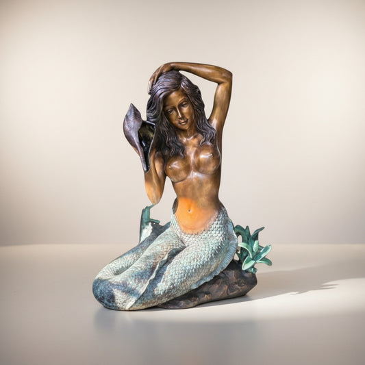 Sitting Mermaid holding Shell Fountain Bronze Statue