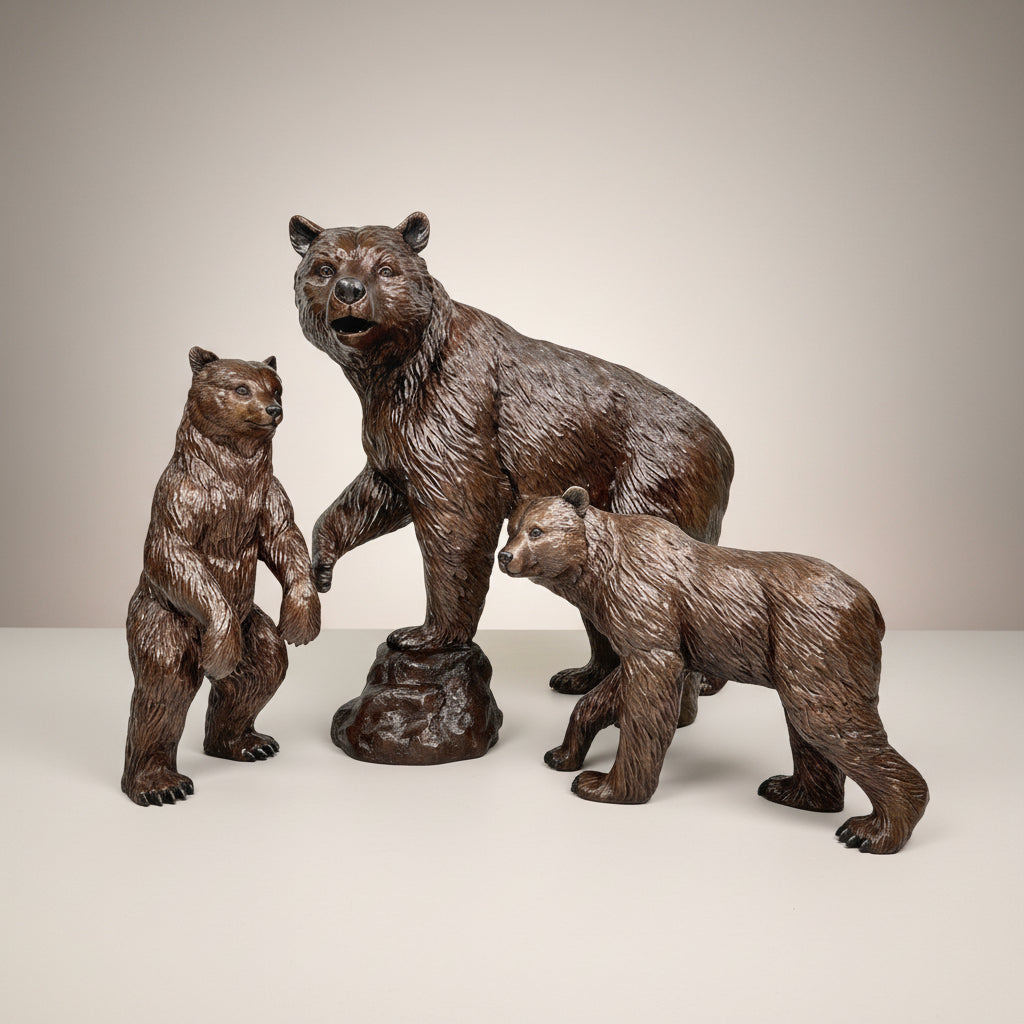 Mama Bear & Two Cubs Bronze Statue Set