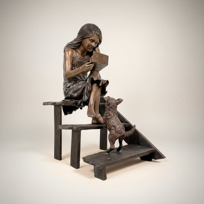 Girl reading Letter on Stairs Bronze Statue
