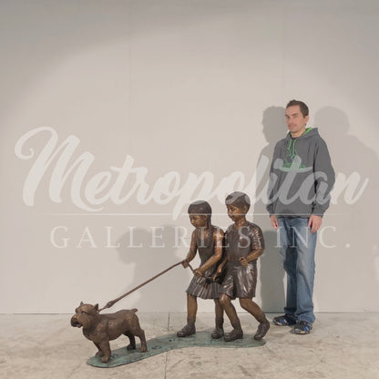Girl & Boy Walking Dog Bronze Statue