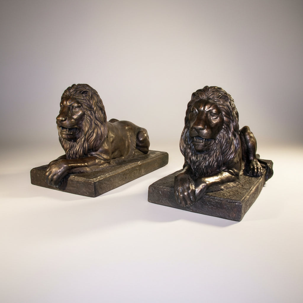Lying Lions on Base Bronze Statue Pair
