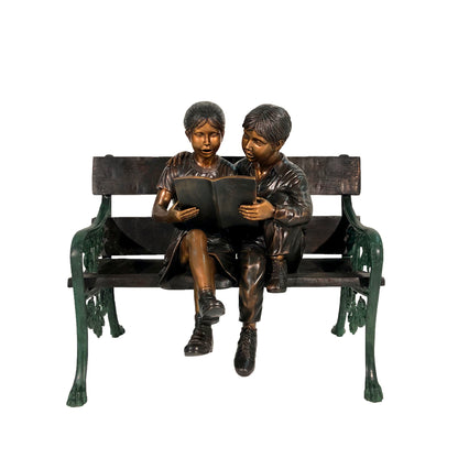 Boy & Girl Reading on Bench Bronze Statue
