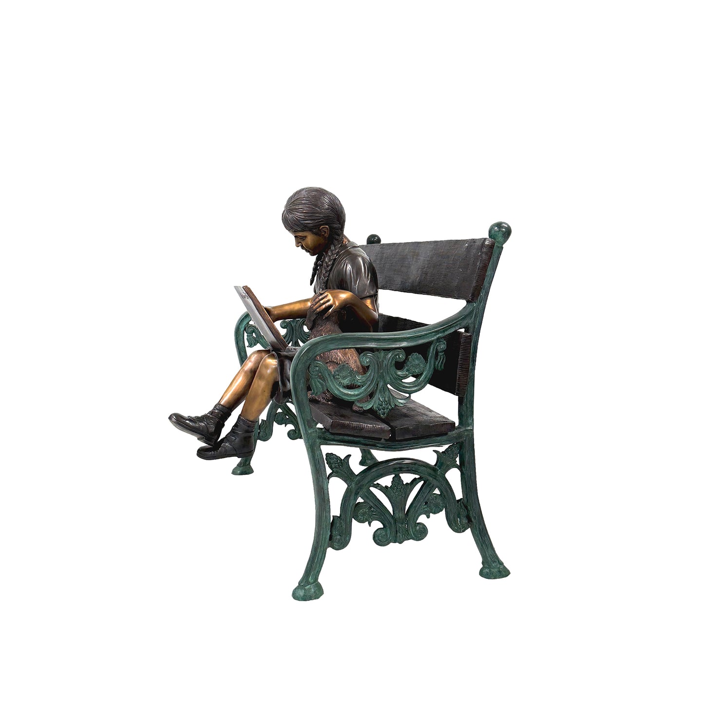 Girl Reading Book on Bench with Puppy Bronze Statue