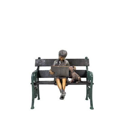 Girl Reading Book on Bench with Puppy Bronze Statue