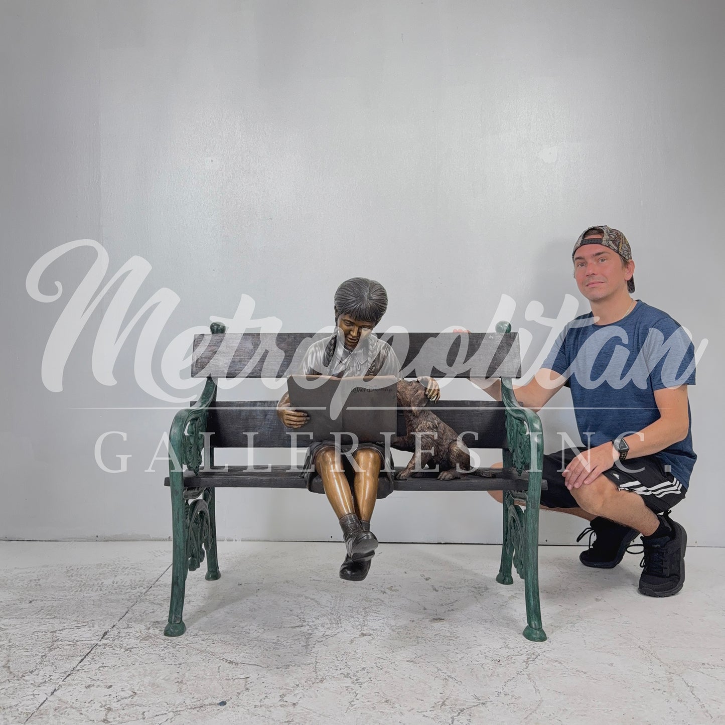 Girl Reading Book on Bench with Puppy Bronze Statue