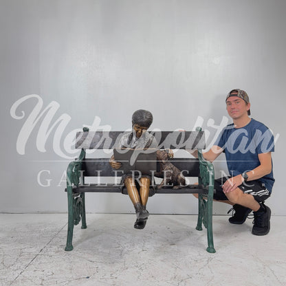 Girl Reading Book on Bench with Puppy Bronze Statue