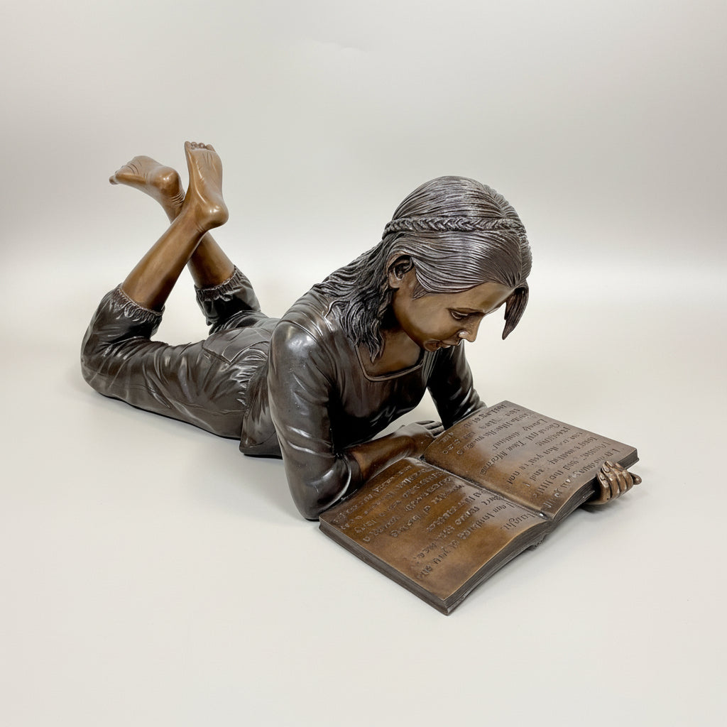 Lying Girl Reading Book Bronze Statue