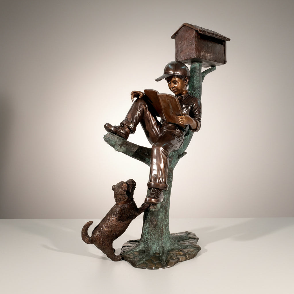 Boy Reading in Tree with Dog Bronze Statue Mailbox