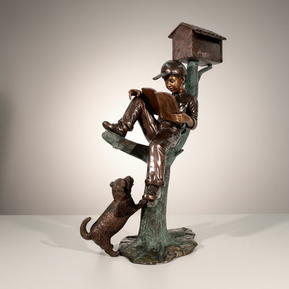 Boy Reading in Tree with Dog Bronze Statue Mailbox