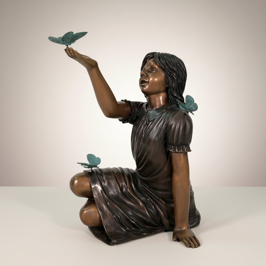 Sitting Girl with Butterflies Bronze Statue