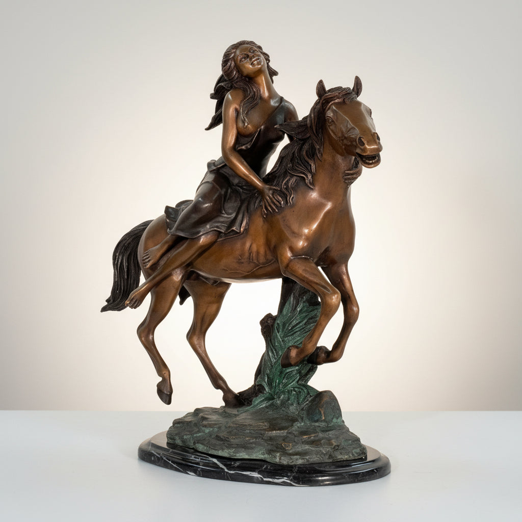 Free Spirit Lady riding Horse Table-top Bronze Statue