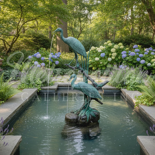 Two Crane Birds in Reeds Fountain Bronze Statue