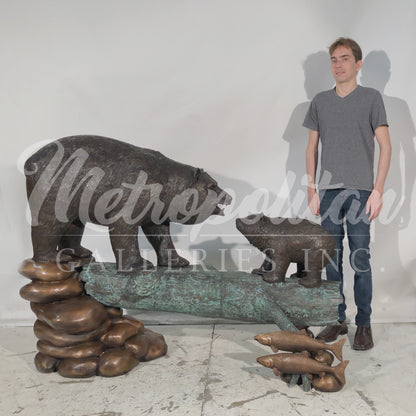 Bear & Cub on Log Bronze Statue