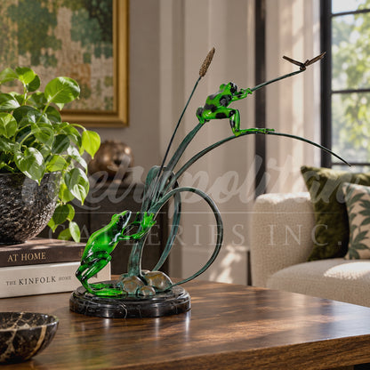 Frogs & Dragonfly on Grass Table-top Bronze Statue