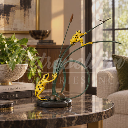 Frogs & Dragonfly on Grass Table-top Bronze Statue