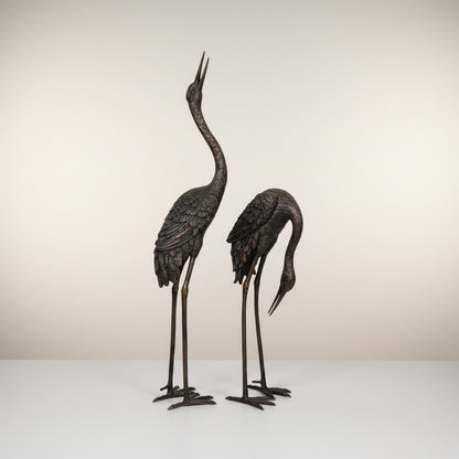 Small Standing Crane Bird Bronze Statue Set